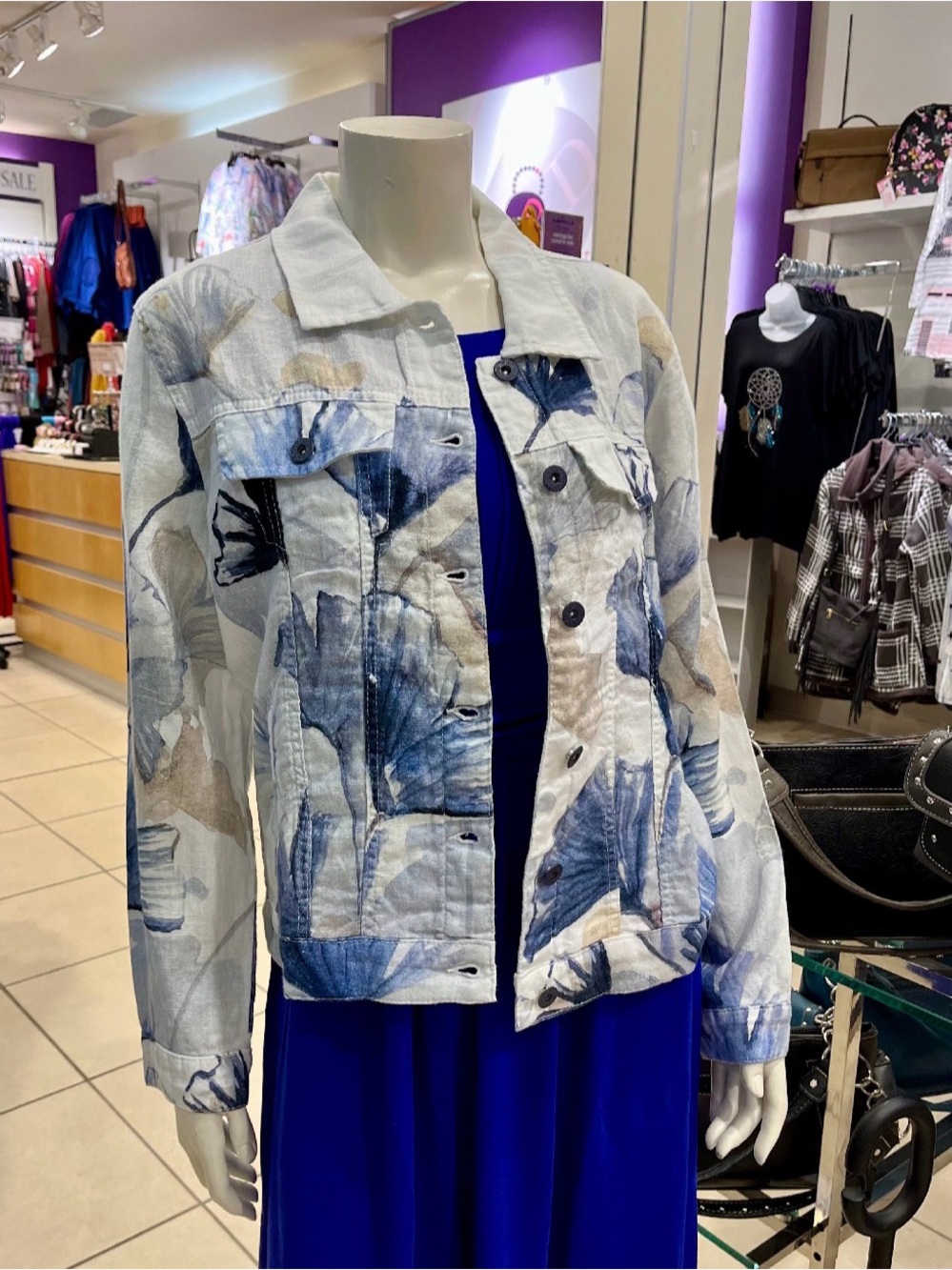 Abstract Print Jean Jacket in White & Blue Like New